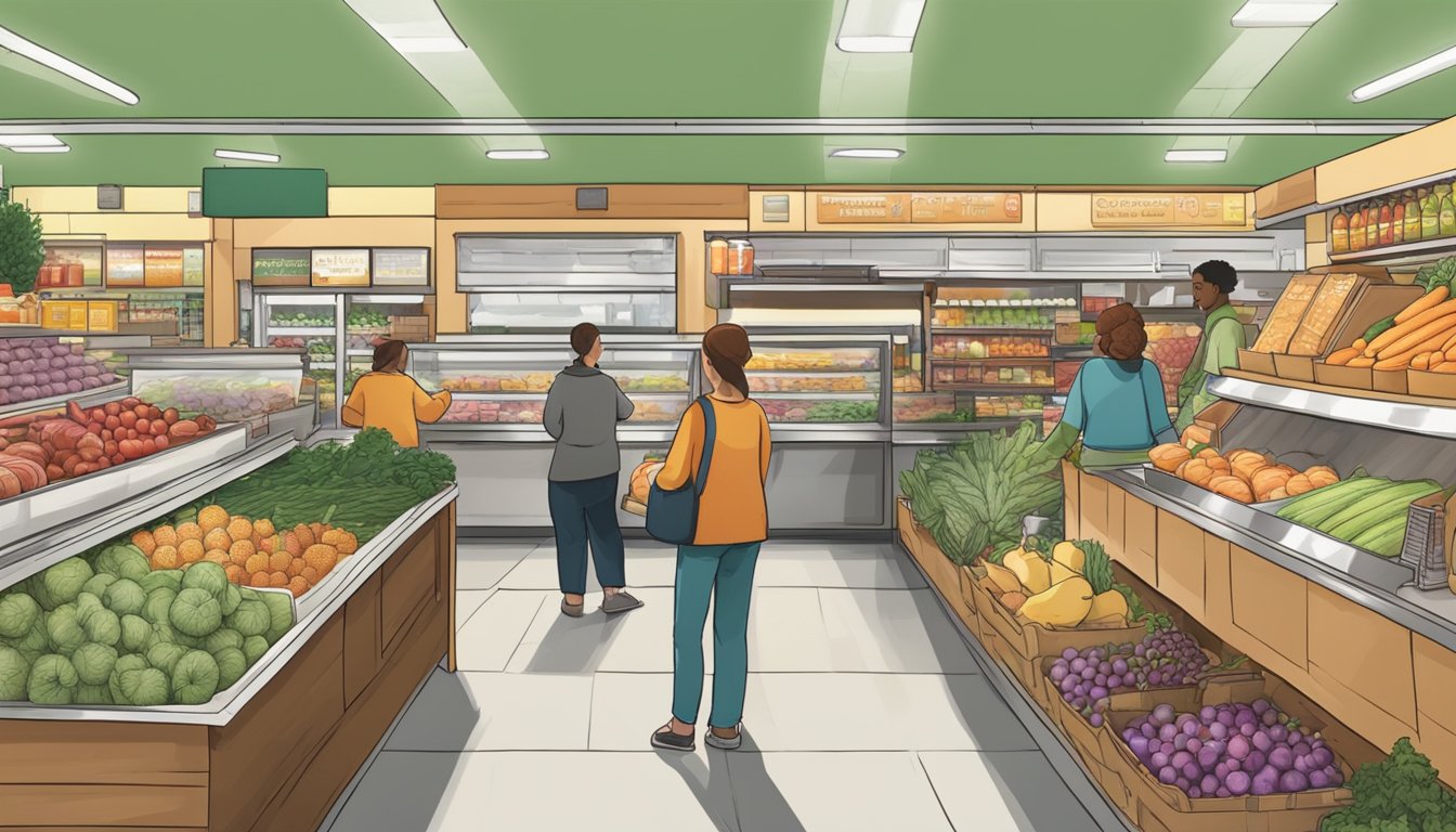 A bustling local food co-op with fresh produce, bulk bins, and a deli counter. Shoppers browse the aisles and chat with friendly staff