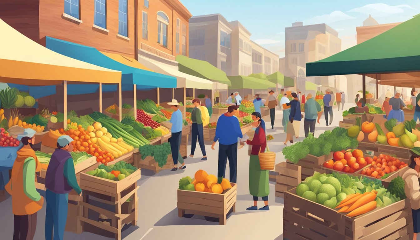 A bustling farmers market with colorful fruits and vegetables displayed on wooden crates, surrounded by eager customers and friendly vendors