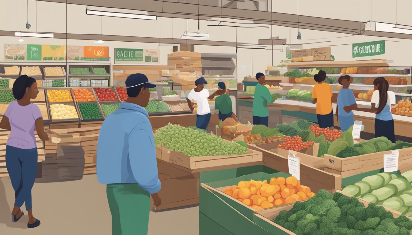 A bustling local food co-op in Houston, TX, filled with fresh produce, bulk grains, and sustainable products. Customers chat with vendors and browse the selection of locally-sourced goods