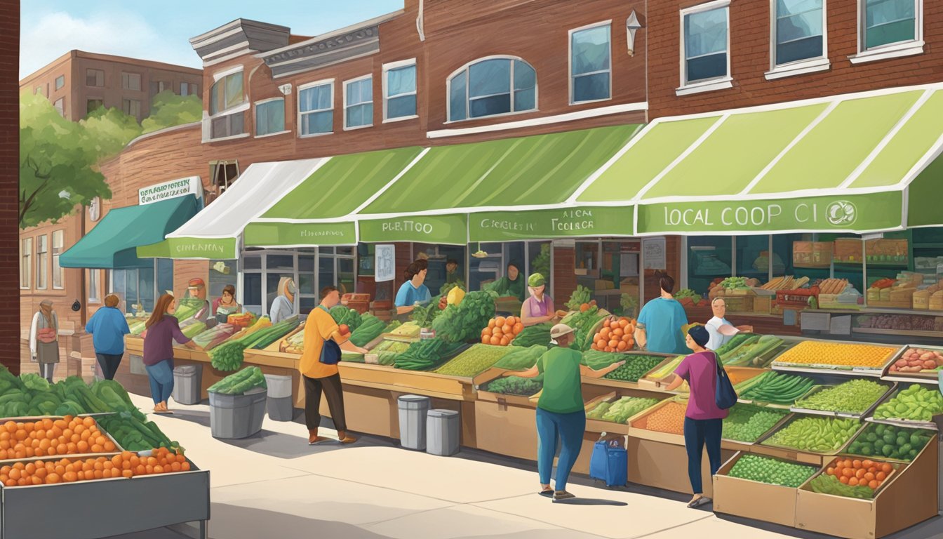 A bustling local food co-op in Toledo, Ohio, filled with fresh produce, local goods, and friendly shoppers