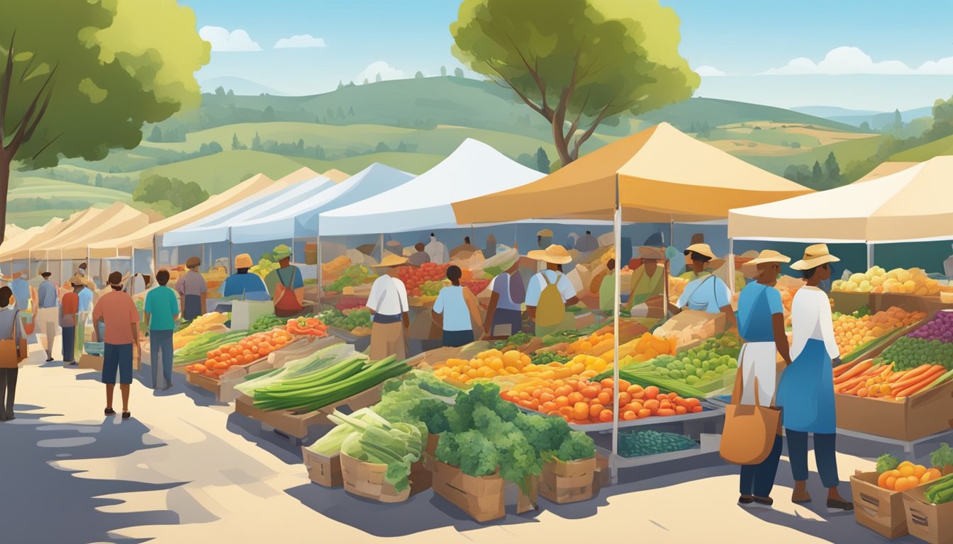 A bustling farmer's market with colorful stalls of fresh produce and handmade goods, surrounded by rolling hills and a clear blue sky