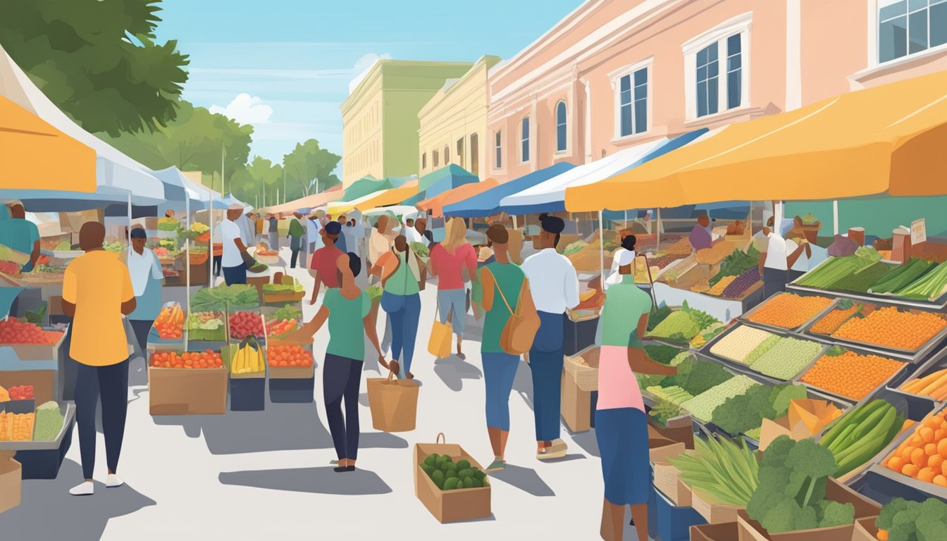 A bustling farmer's market with diverse vendors and customers browsing fresh produce and local goods in St. Petersburg, FL