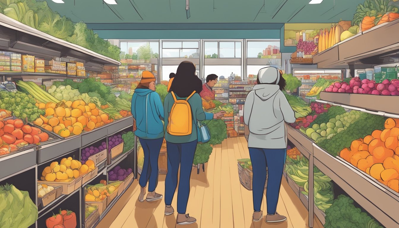 Customers browsing colorful produce at a bustling food co-op, with shelves stocked with local goods and a vibrant atmosphere