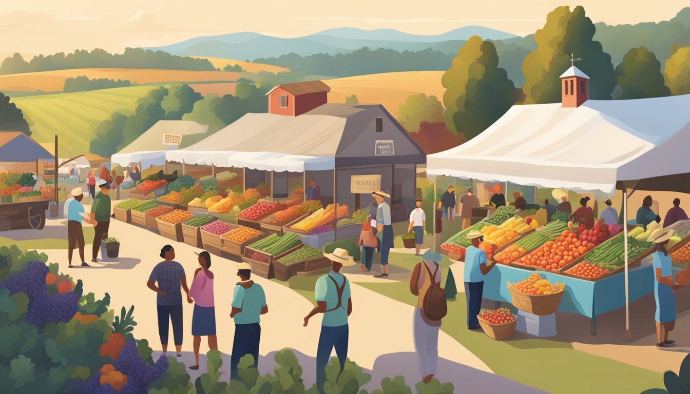 A bustling farmer's market with colorful produce, local vendors, and community members browsing and chatting. The backdrop includes rolling fields and barns