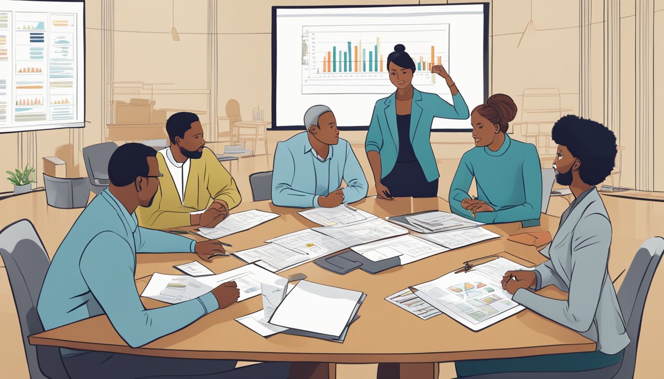 A group of diverse individuals gather around a table, engaged in discussion and decision-making. Charts and graphs are displayed, symbolizing cooperative governance