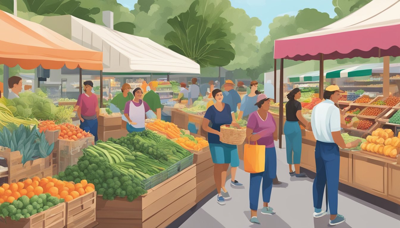 A bustling local food co-op in St. Petersburg, FL, with diverse produce and products, customers interacting with vendors, and vibrant cultural displays