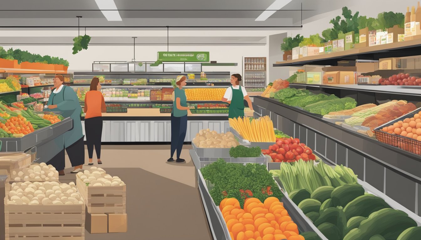 A bustling local food co-op with shelves of fresh produce, bulk bins, and a deli counter. Customers browse and chat with staff about membership benefits