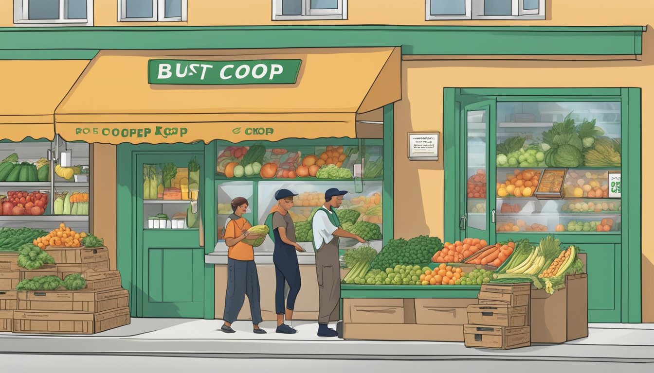 A bustling local food co-op in St. Petersburg, FL, with a diverse array of fresh produce and friendly staff assisting customers