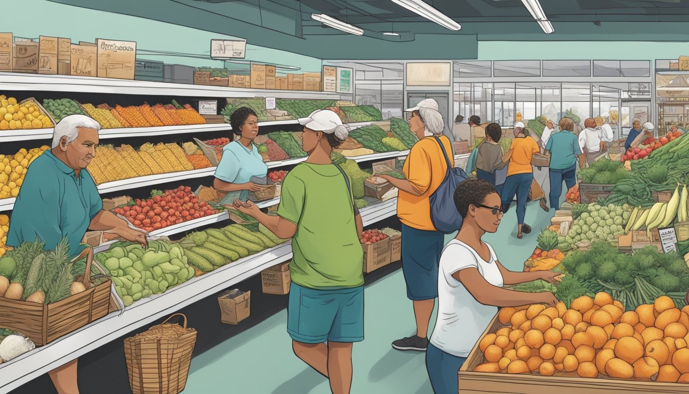 Customers browsing fresh produce and local goods at a bustling food co-op in St. Petersburg, FL