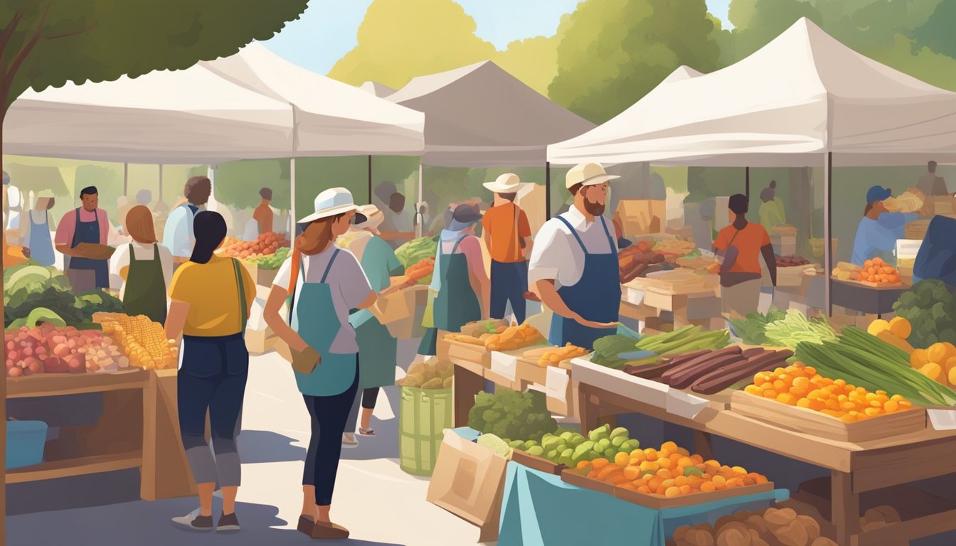 A bustling farmers' market with colorful stalls and a variety of fresh produce, baked goods, and artisanal products. Customers chat with vendors and sample local fare