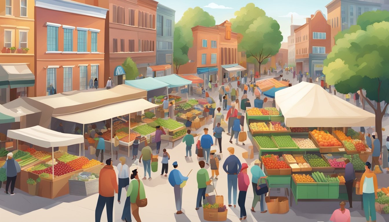 A bustling farmers' market with colorful produce stalls and a variety of locally-sourced goods, surrounded by a diverse community of shoppers and vendors