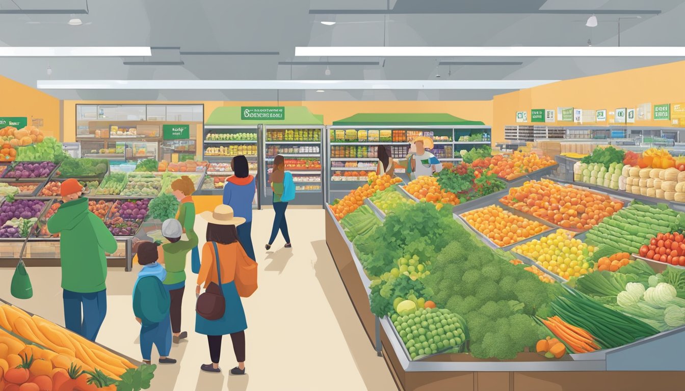 A bustling local food co-op in Lubbock, TX, with colorful produce displays and customers browsing the aisles