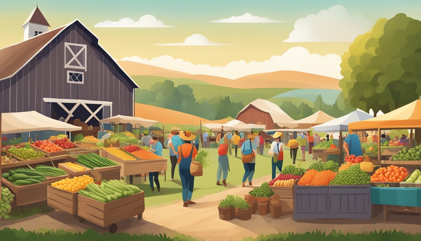 A bustling farmer's market with colorful produce and handmade goods, surrounded by rolling fields and a barn