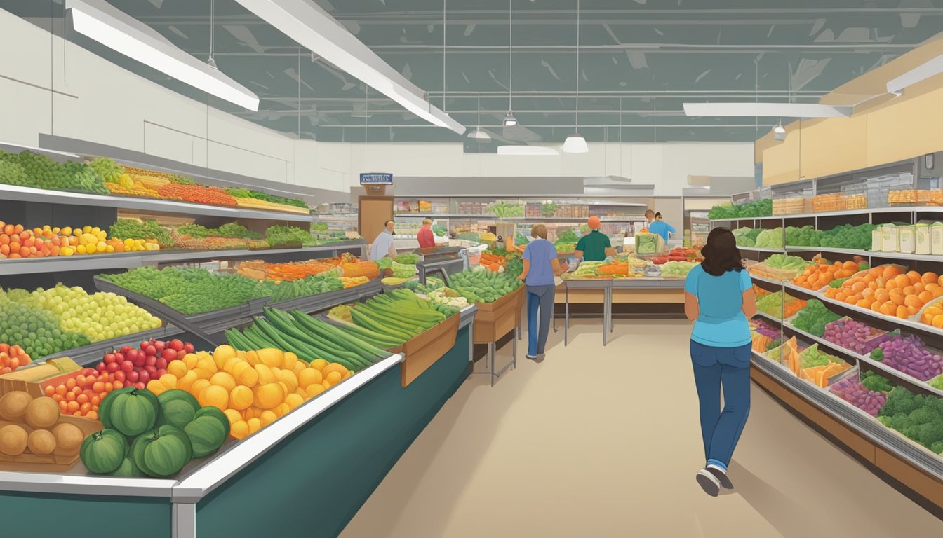 A bustling local food co-op in Lubbock, Texas, with colorful produce, friendly staff, and a diverse group of customers browsing the aisles