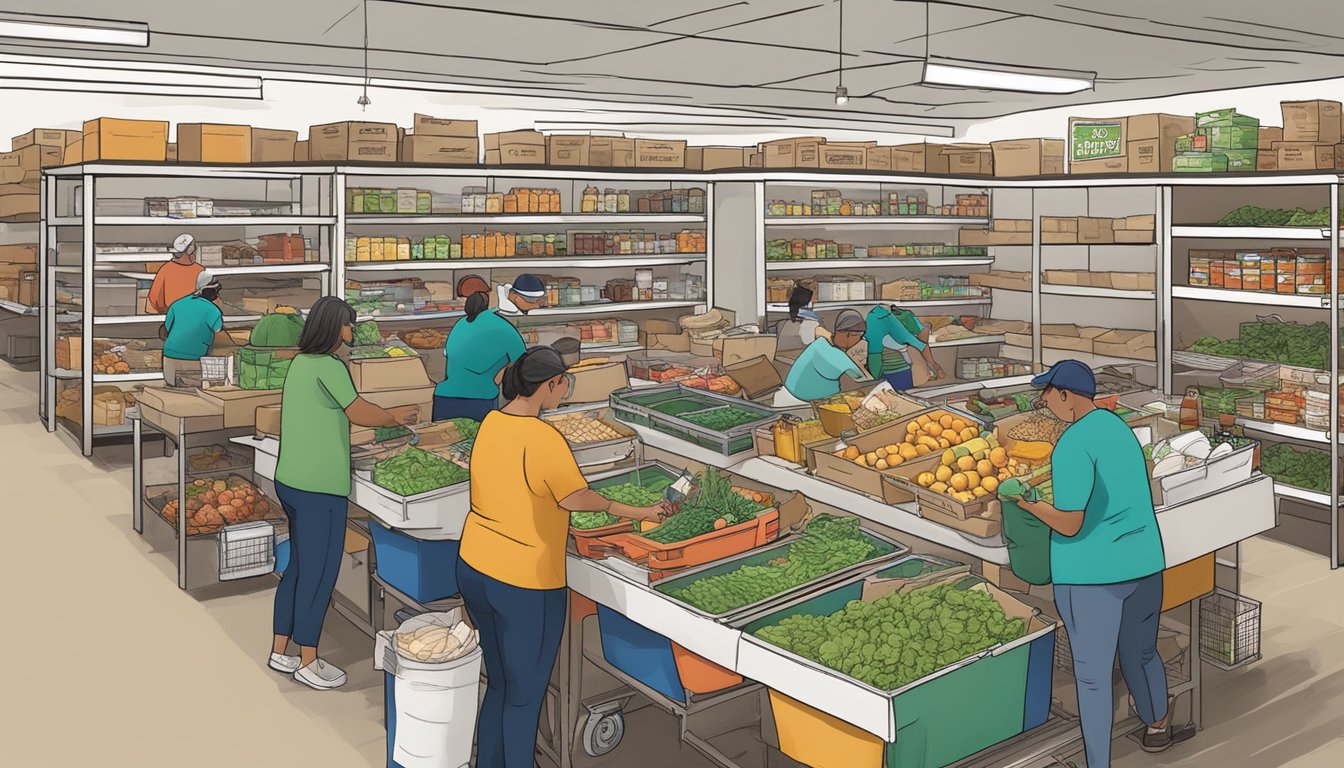 A bustling local food coop in Lubbock, TX, with volunteers sorting donations and customers browsing shelves