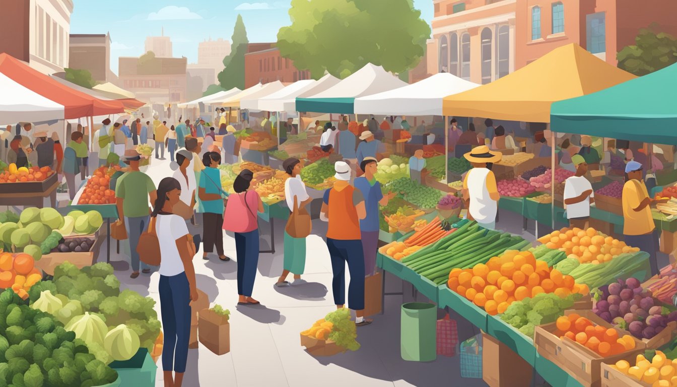 A bustling farmer's market with colorful produce stalls and a diverse crowd browsing and chatting with local vendors