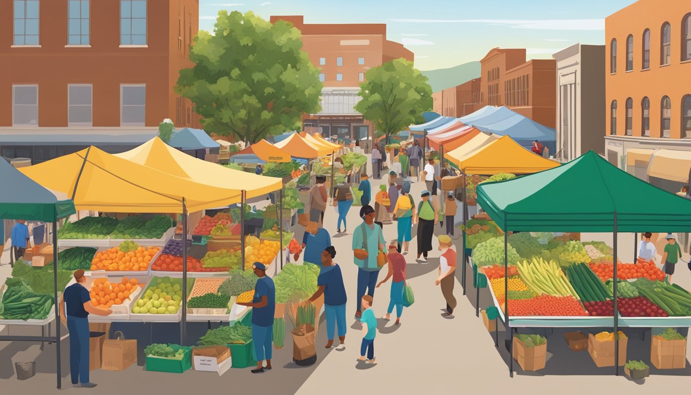 A bustling farmer's market with colorful produce stalls and a sign for the Denver Food Co-Op. Customers chat with vendors and exchange goods