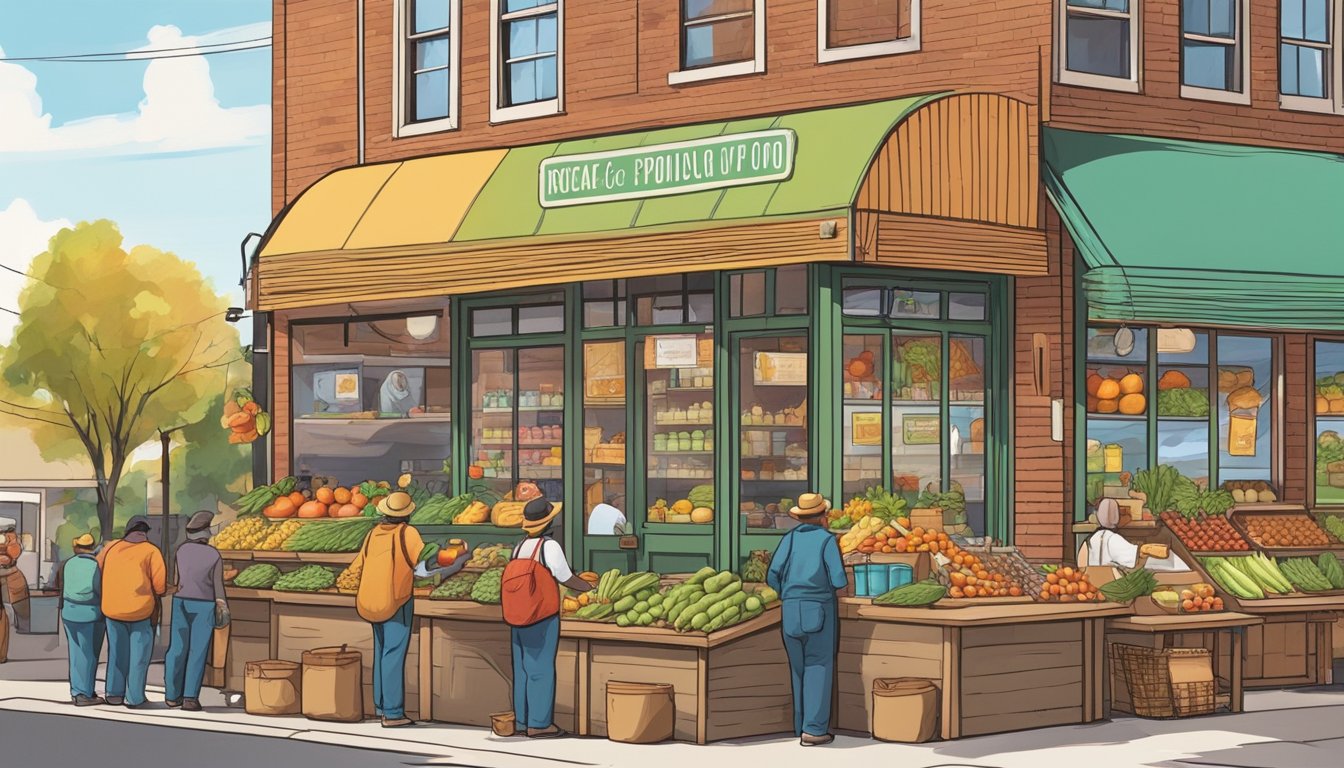 A bustling local food co-op in Denver, Colorado, with vendors selling fresh produce, baked goods, and artisanal products. Customers chat with farmers and artisans while browsing the colorful displays