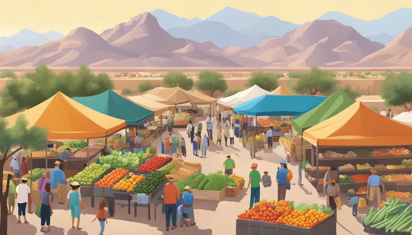 A bustling farmers market with colorful produce stalls and local vendors, surrounded by the desert landscape of Phoenix, Arizona