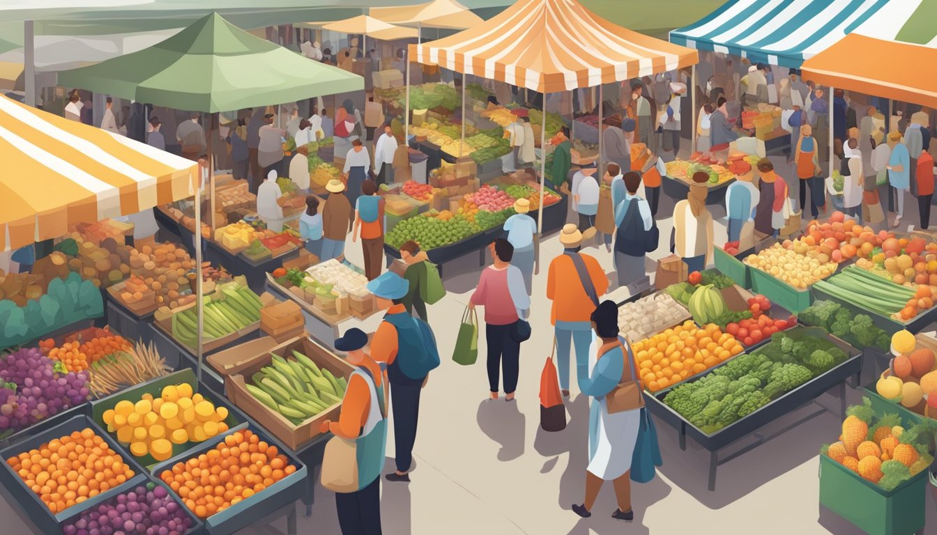 A bustling farmer's market with colorful produce stalls and a diverse crowd browsing and purchasing local food items