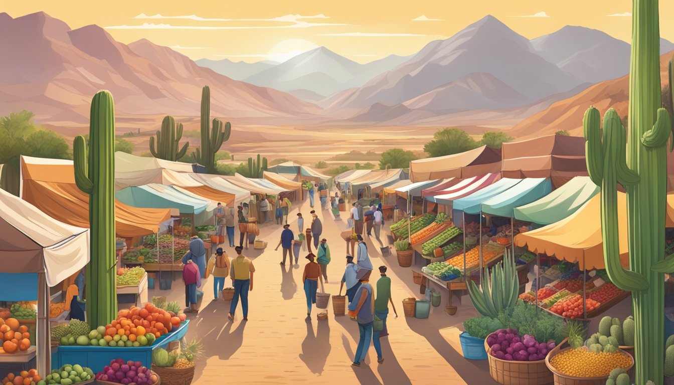 A bustling farmers' market with colorful stalls and diverse produce, surrounded by a desert landscape with cacti and mountains in the distance