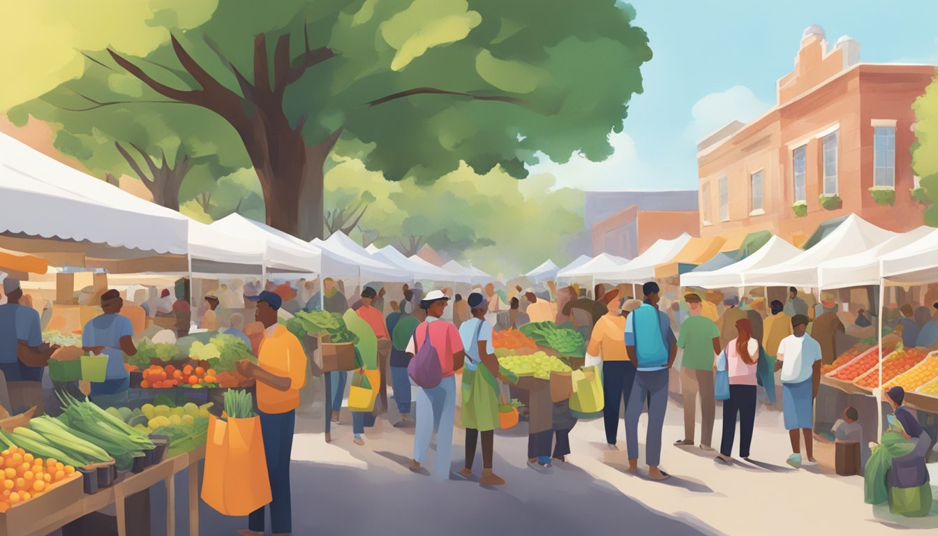 A bustling farmers' market with colorful produce stalls and a diverse crowd browsing and chatting with local vendors