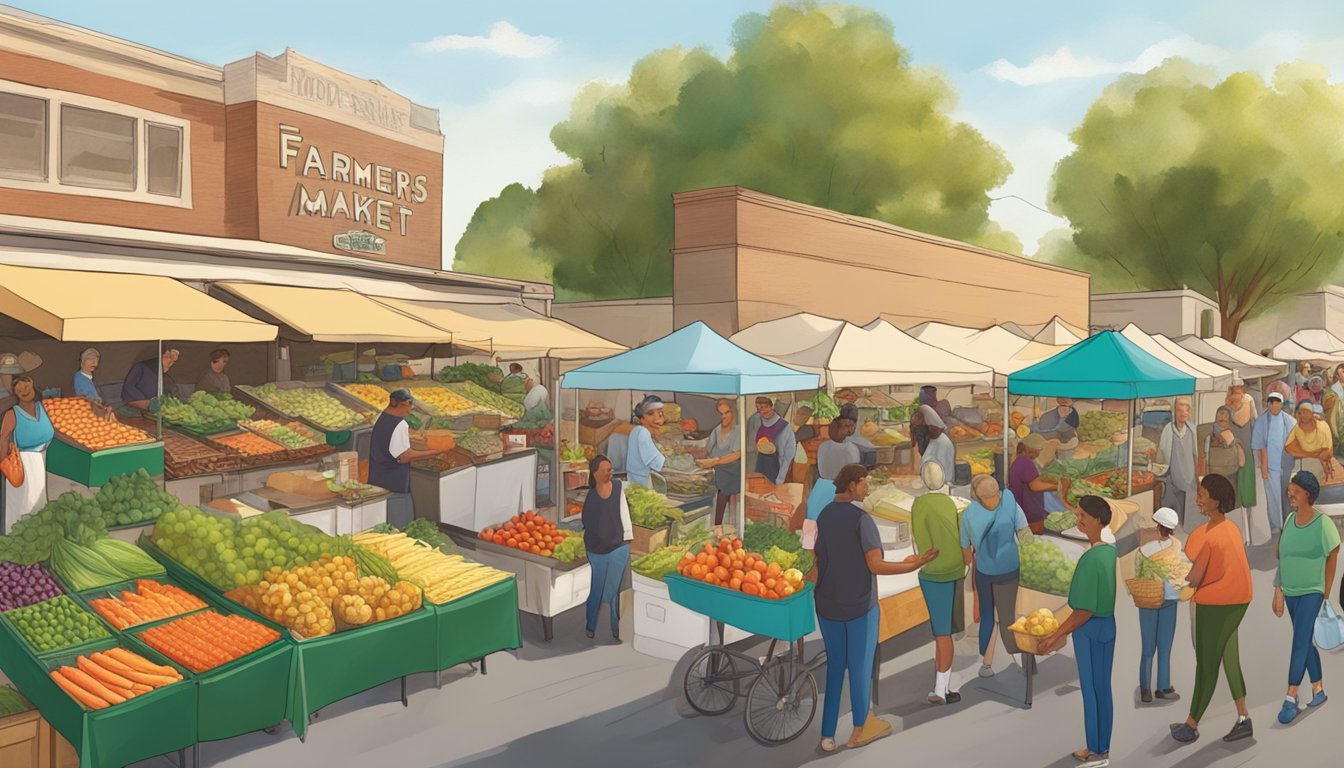 A bustling farmers' market with diverse produce, smiling vendors, and a sense of community as shoppers gather around the food co-op in Fresno, CA