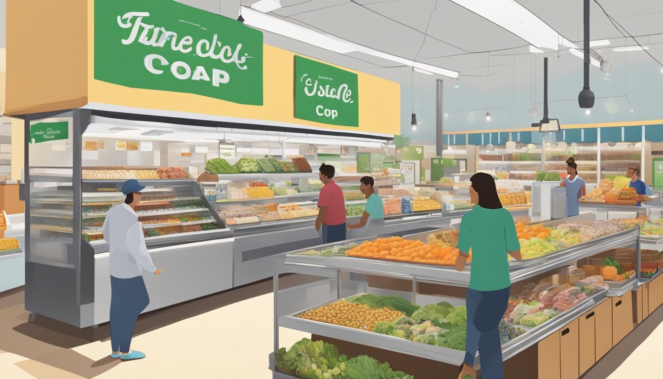 A bustling food co-op in Fresno, CA, with vendors selling local produce, dairy, and baked goods. Customers browse the aisles and chat with the friendly staff