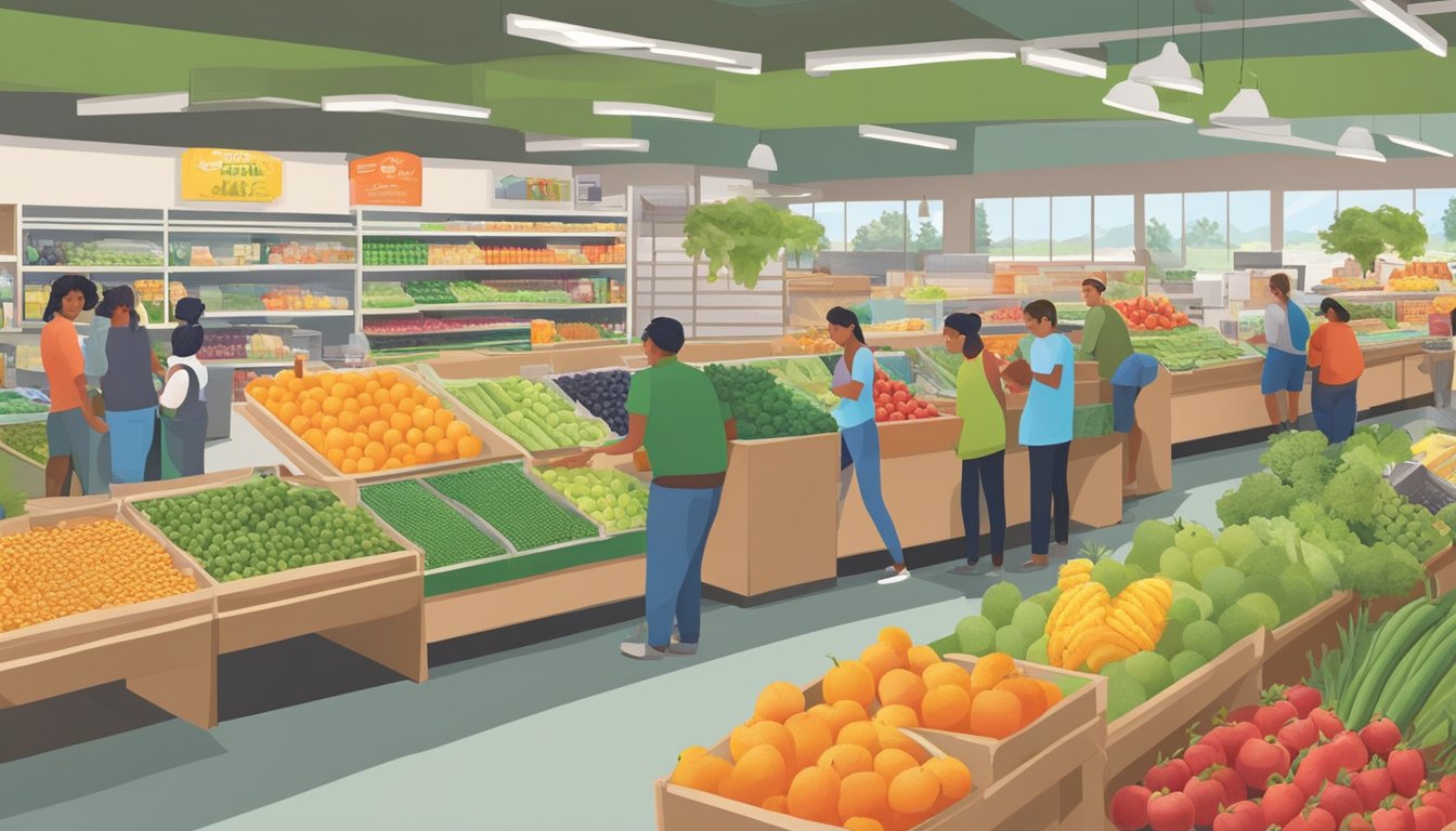 A bustling local food co-op in Fresno, CA, with colorful produce displays and customers browsing the aisles