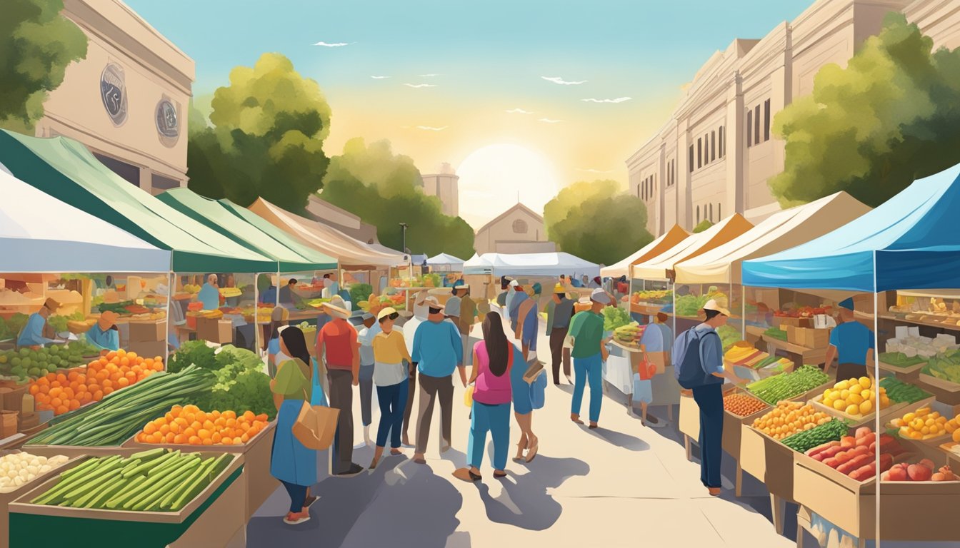 A bustling farmers' market with colorful displays of fresh produce and locally made goods in Fresno, CA