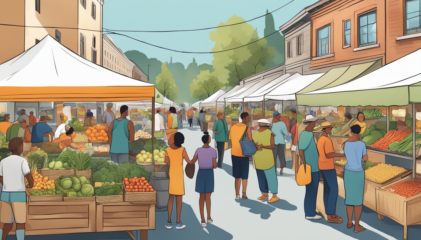 A bustling farmers' market with diverse vendors and customers browsing fresh produce and locally made goods