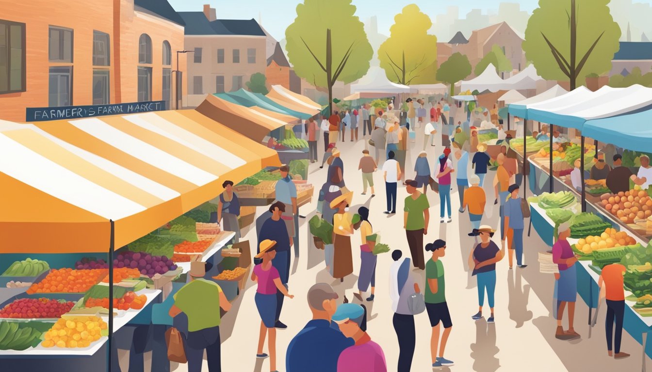 A bustling farmers' market with colorful stalls and a variety of fresh produce, surrounded by a diverse group of people browsing and chatting with local farmers