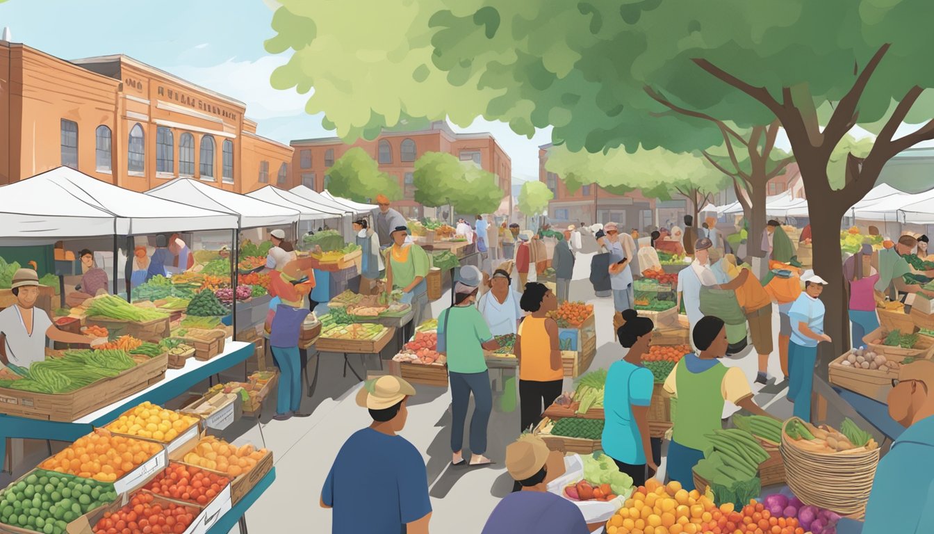 A bustling farmers' market, with colorful stalls and diverse produce, surrounded by community members and local food co-op representatives