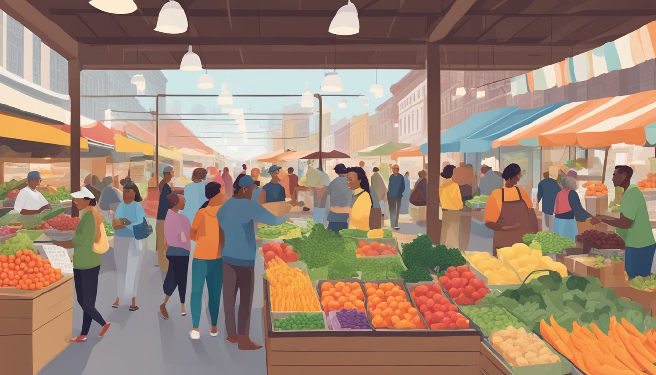 A bustling market with colorful stalls and fresh produce, surrounded by enthusiastic locals and vendors interacting in St. Louis's local co-ops