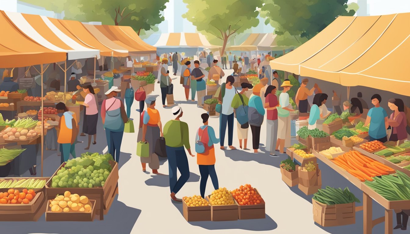 A bustling farmers' market with colorful stalls and diverse food offerings. Crowds of people sample and purchase local produce and artisanal goods