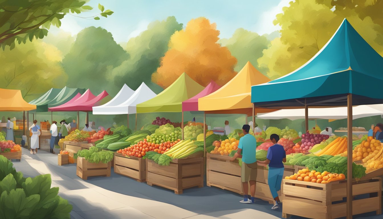 A bustling farmers market with colorful fruits and vegetables displayed on wooden crates under a canopy of leafy trees