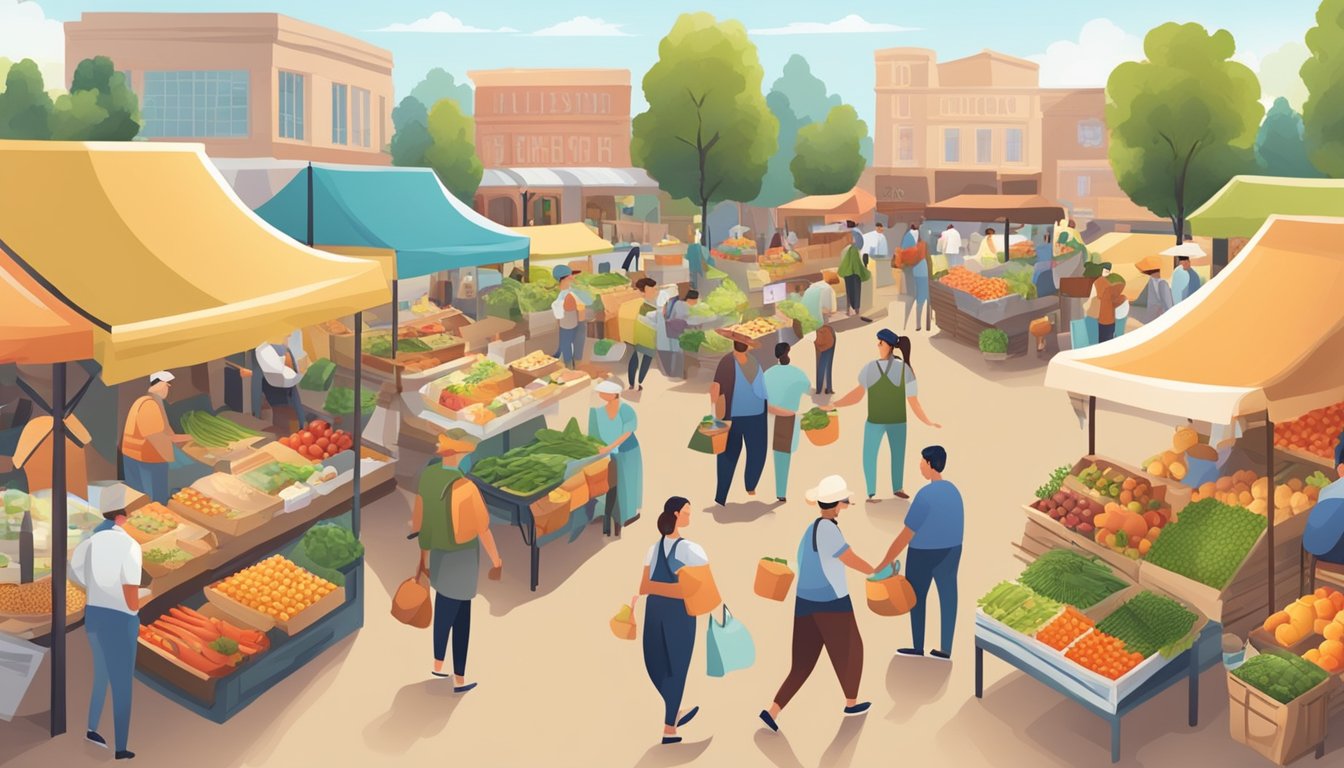 A bustling farmers' market with vendors offering various services such as cooking classes, food delivery, and community events