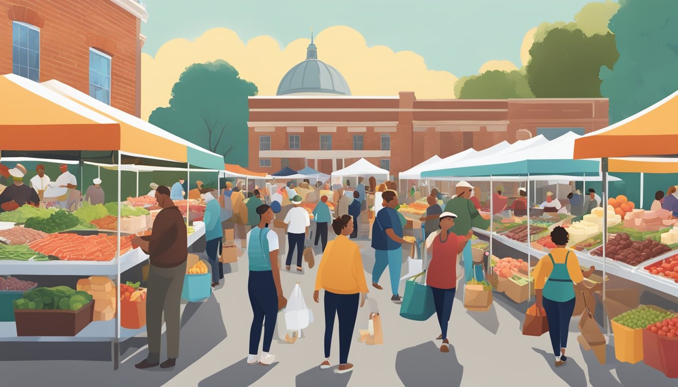 A bustling farmers' market with fresh meat and dairy products on display, surrounded by local vendors and customers in St. Louis, MO