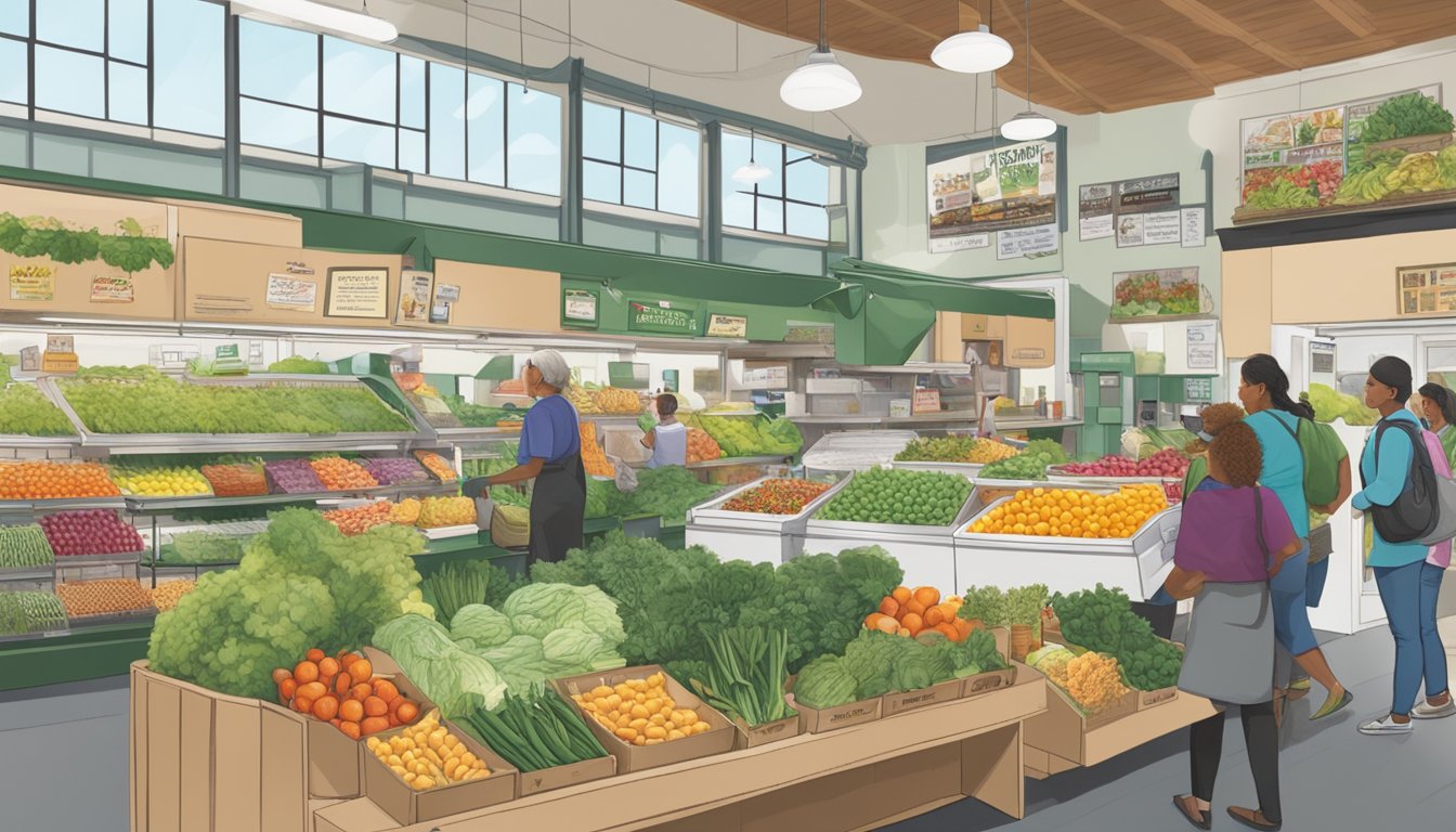 A bustling local food co-op with diverse produce, reusable shopping bags, and a community bulletin board