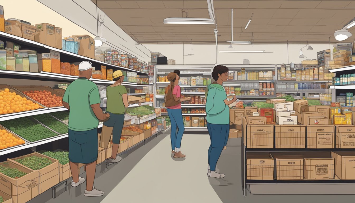 A bustling local food co-op in St. Louis, MO, filled with shelves of pantry essentials and bulk goods. Customers browse the aisles, selecting items and chatting with the friendly staff