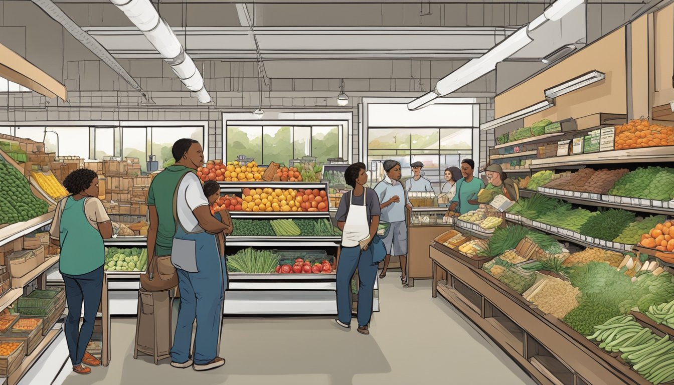 A bustling local food co-op in St. Louis, Missouri, with shelves stocked with fresh produce, grains, and other pantry staples. Customers browse and chat with vendors