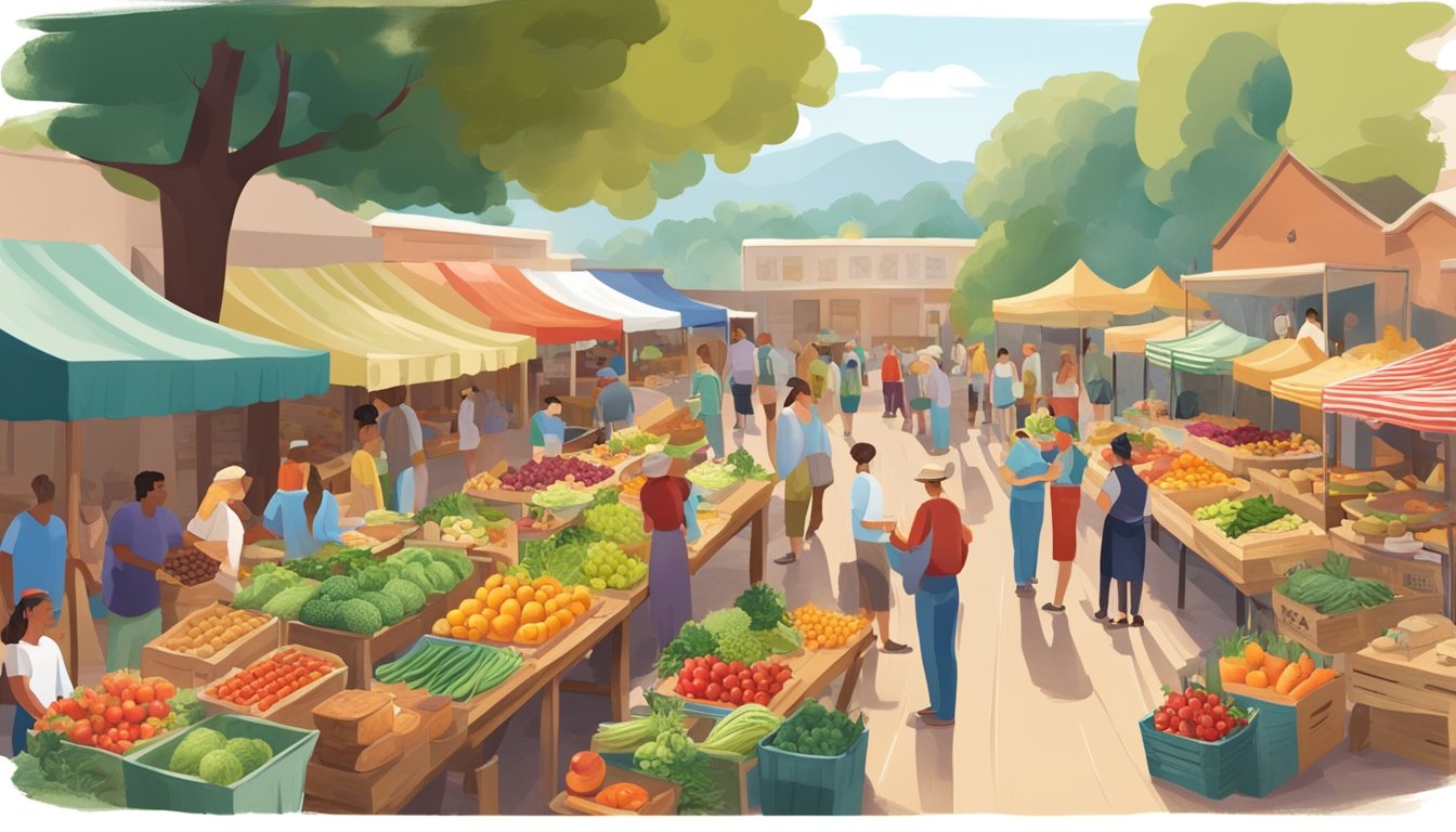 A bustling farmers' market with various local vendors selling fresh produce, baked goods, and homemade crafts. A colorful array of fruits and vegetables is displayed on wooden tables while customers browse and chat with the vendors