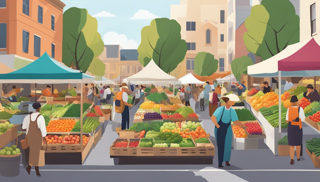 A bustling farmers' market with colorful produce and local vendors