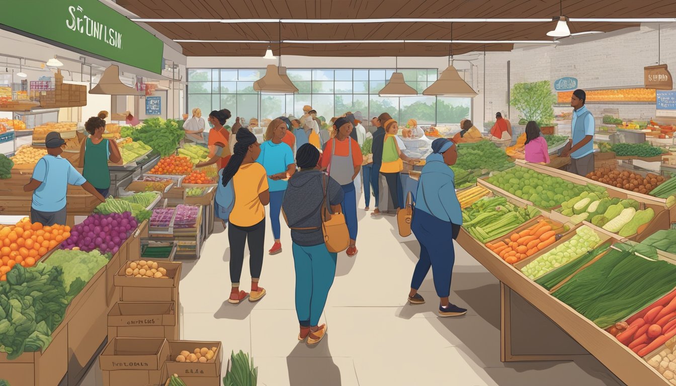 A bustling local food coop in St. Louis, Missouri, with colorful displays of fresh produce, shelves stocked with artisanal goods, and customers chatting with vendors