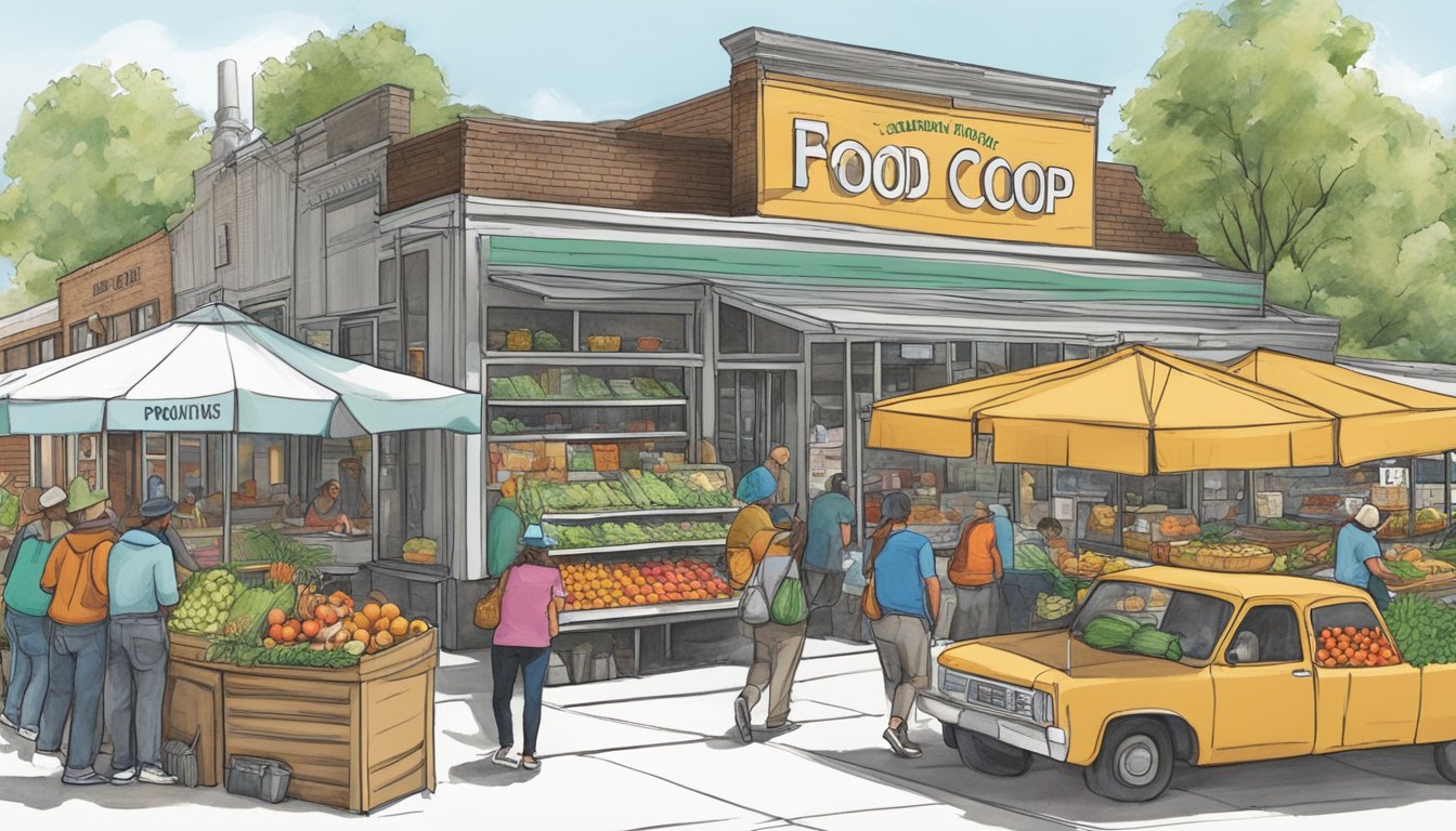 A bustling local food coop in Des Moines, IA, with members browsing produce and participating in workshops and tastings