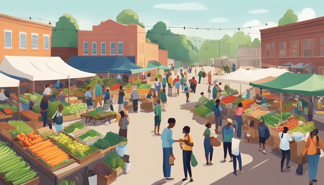 A bustling farmers' market with diverse produce, a community garden, and a group of people exchanging goods and conversation