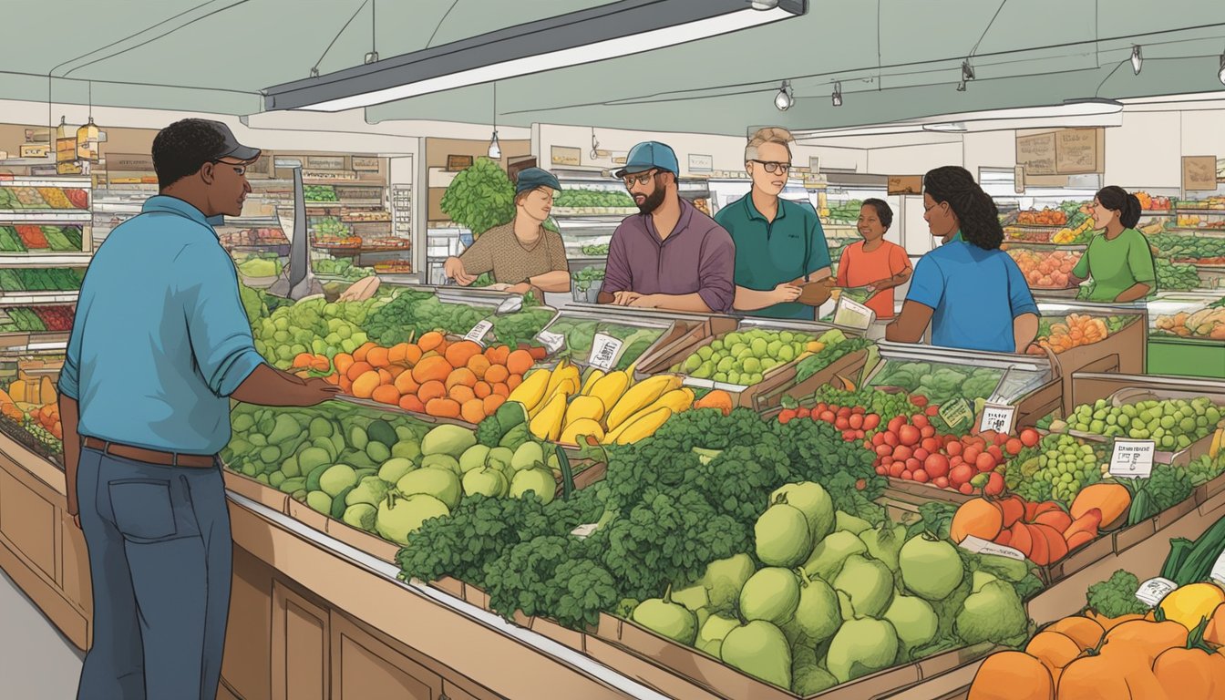 Customers browsing fresh produce at a bustling Food Co-op in Des Moines, IA