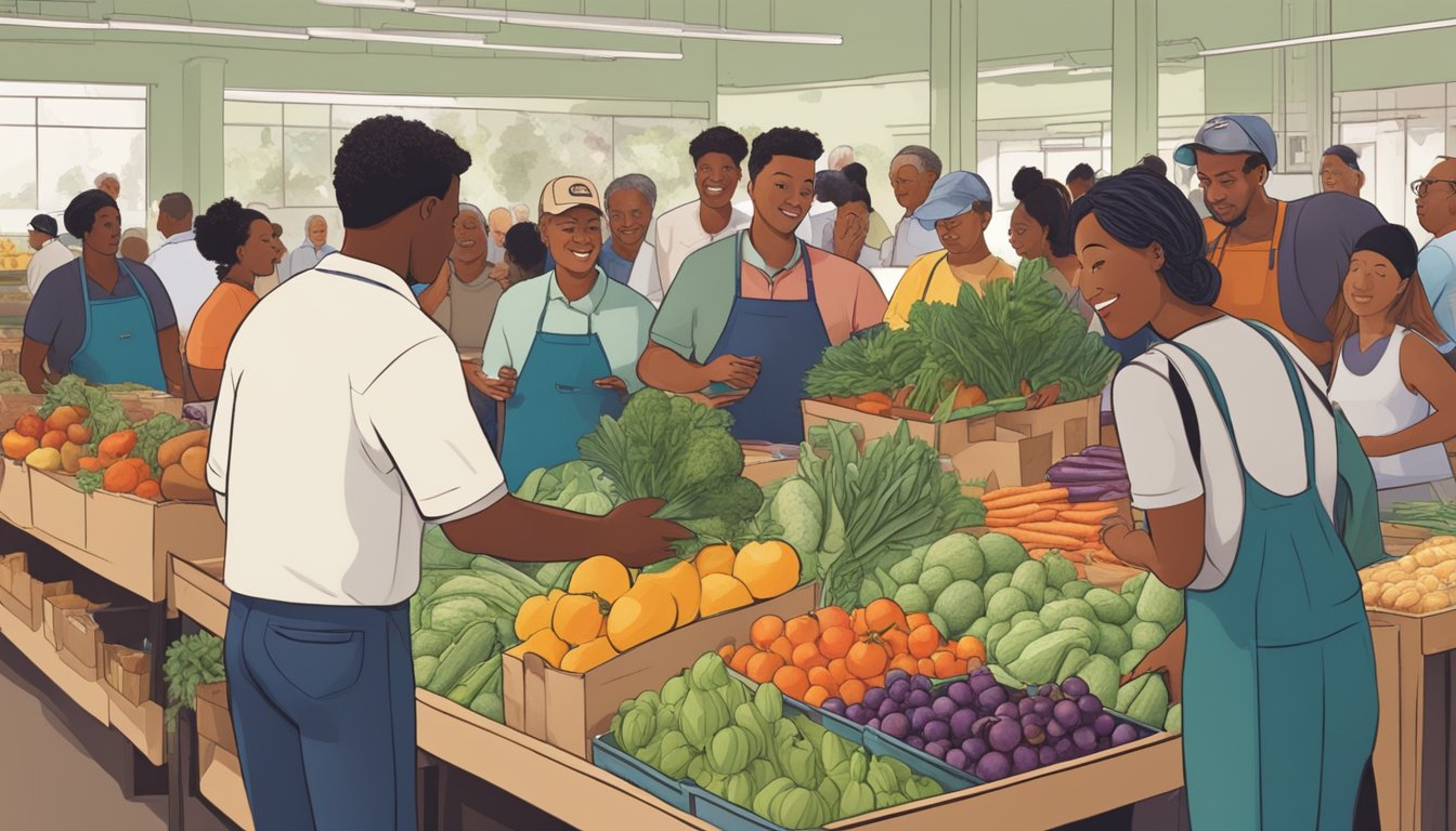 A diverse group of people gather around tables, exchanging fresh produce and homemade goods at a bustling food co-op in Fontana, CA