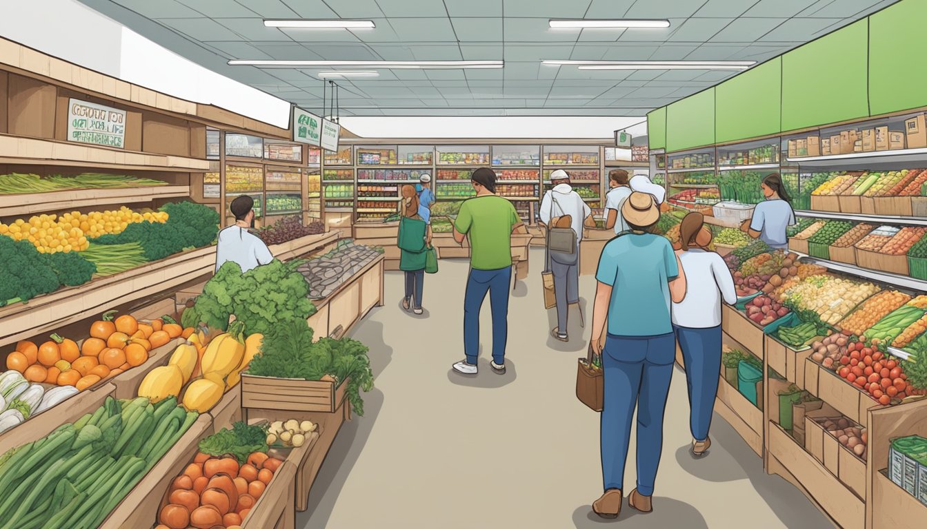 A bustling local food co-op with shelves stocked full of fresh produce, dairy, and other locally made products. Customers browse the aisles, chatting with vendors and selecting their purchases