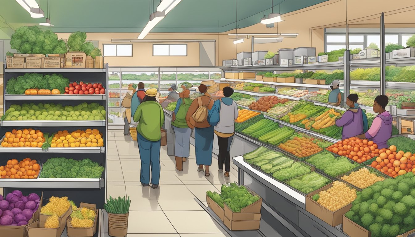 A bustling local food coop with shelves stocked and customers picking up produce